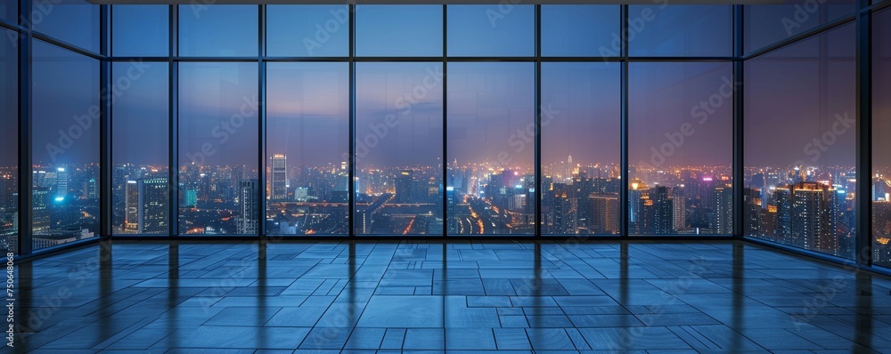 Empty urban room with expansive windows offering a serene view of the city at night - obrazy, fototapety, plakaty 