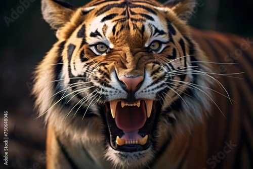 Tiger face roaring showcasing its powerful jaws and sharp teeth