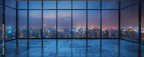Empty urban room with expansive windows offering a serene view of the city at night