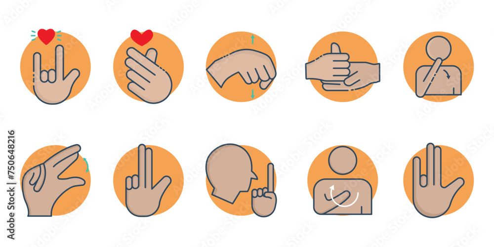 sign language. sign language icon set. i love you, help, yes, no, thank you , etc. flat line icon style. business element vector illustration