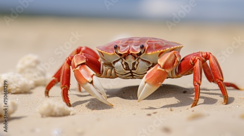 Crab stands guard on a sandy beach © Paworn