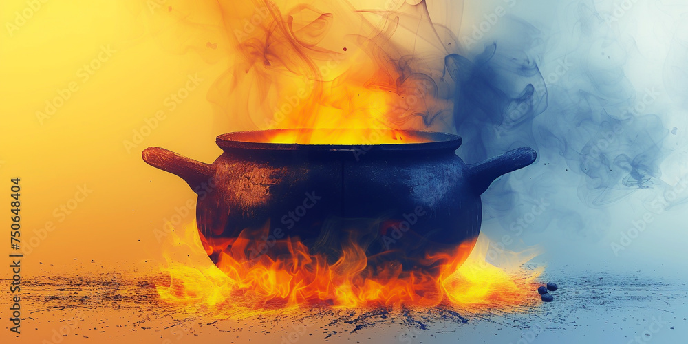 Close-up of fantasy witch magician sorcerer cauldron brewing cooking boiling with ocean water liquid smoke fog for potion - obrazy, fototapety, plakaty 