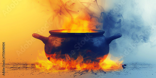 Close-up of fantasy witch magician sorcerer cauldron brewing cooking boiling with ocean water liquid smoke fog for potion