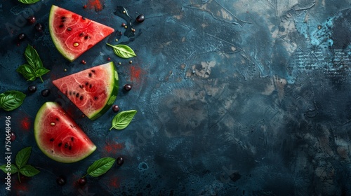 Fresh watermelon. Close up  delicious watermelon slices. Healthy fruit  sweet  refreshing. Isolated on dark background. Room for copy space.