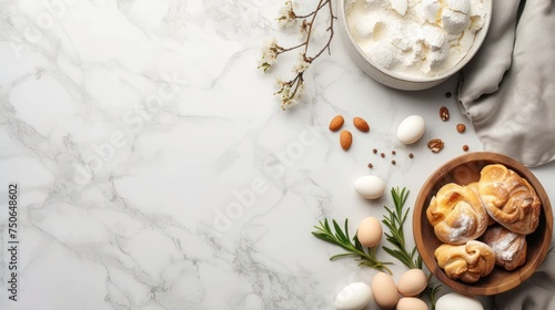 Easter background. Beautiful composition of Easter cake with multi-colored eggs and spring flowers on a delicate background. Spring holidays concept with copy space.