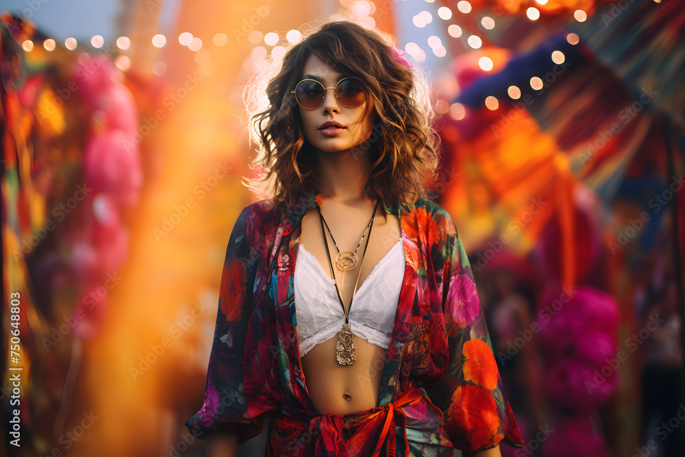 Confident Bohemian Model in Full-body Shot Against Colorful Festival Background Confident Bohemian Model in Full-body Shot Against Colorful Festival Background