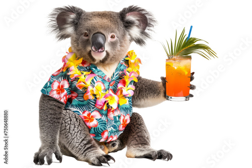 A koala wearing a Hawaiian shirt, shorts, and a lei, sitting under a palm tree with a tropical drink in hand. photo