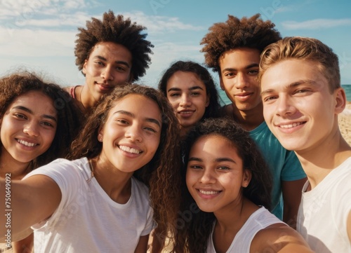 Group of happy multiethnic teenagers taking a selfie at sandy beach of sea