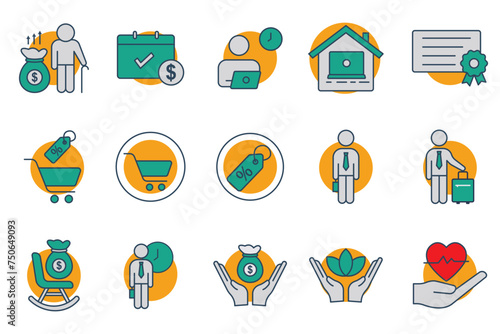 employee benefits icon set. contains icon retirement plan, flexible working, certificate, bonus, etc. flat line icon style. business element vector illustration