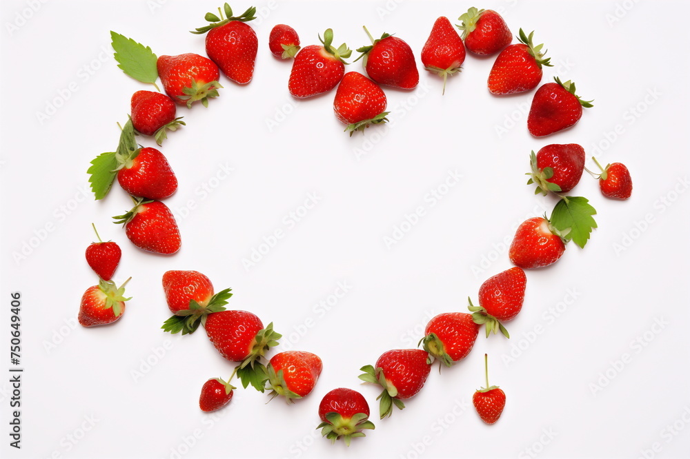 White background with a heart-shaped red strawberry border. The concept of a banner with a copy space White background with a heart-shaped red strawberry border. The concept of a banner with a copy space