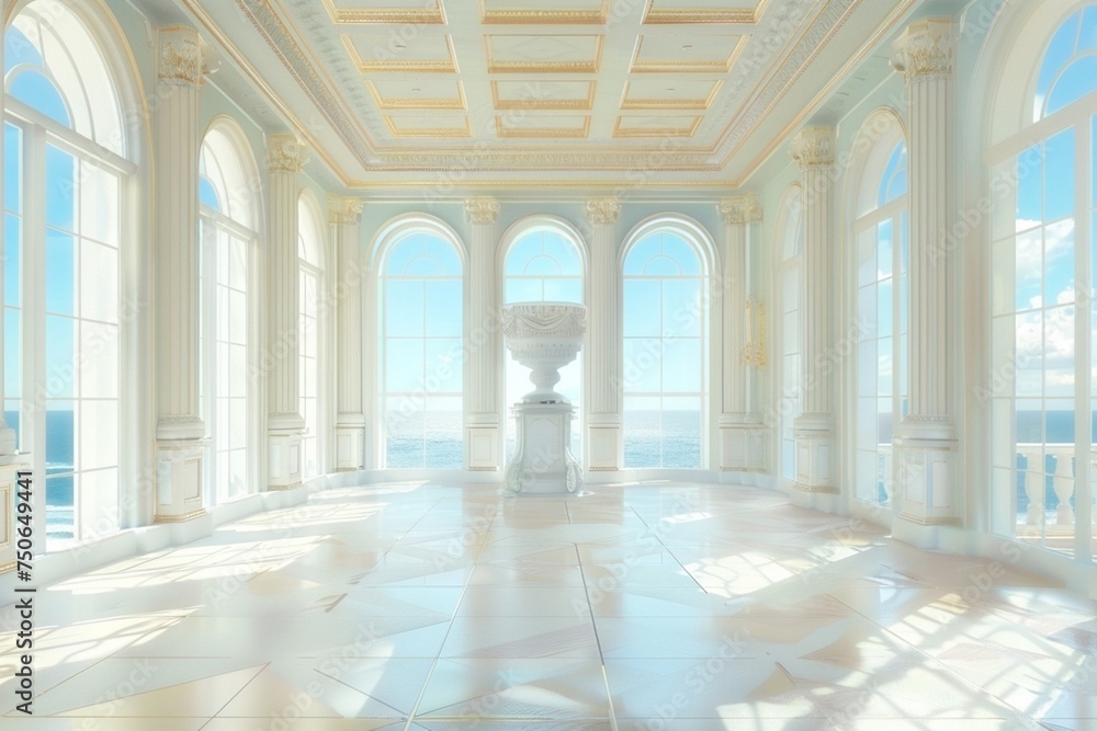 a visually stunning AI depiction of a spacious room with symmetrical arrangements and 18th-century aesthetics. 