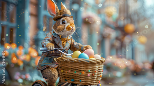 This illustration shows an Easter bunny in antique beautiful clothes riding a bicycle along city roads and carrying a basket with colorful Easter eggs.