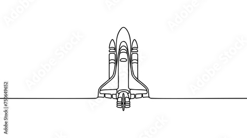 One continuous line drawing of simple retro spacecraft flying up to the outer space nebula. © artisttop