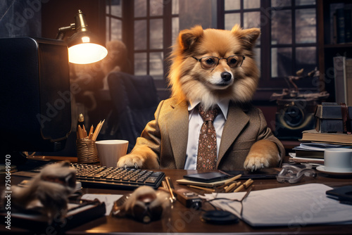 Cute and funny dog impersonating business person, working in the office