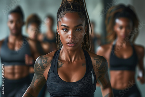 a woman with tattoos and braids in a gym photo