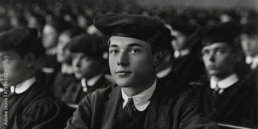 Fototapeta premium Young male student in academic attire attentively listening during a classroom session at a historic educational institution in the early 20th century