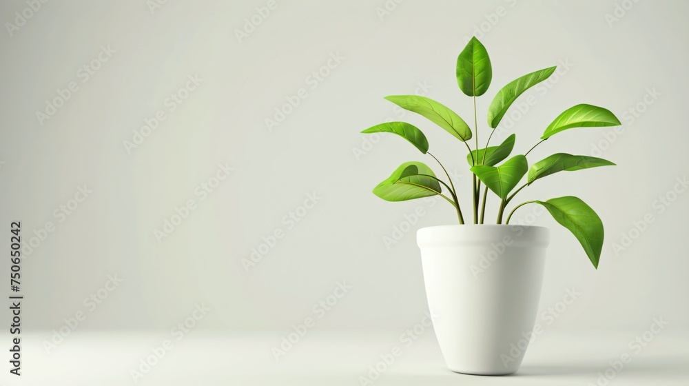 A 3D illustrated pot with lush green leaves radiating growth and happiness on a white background A 3D illustrated pot with lush green leaves radiating growth and happiness on a white background
