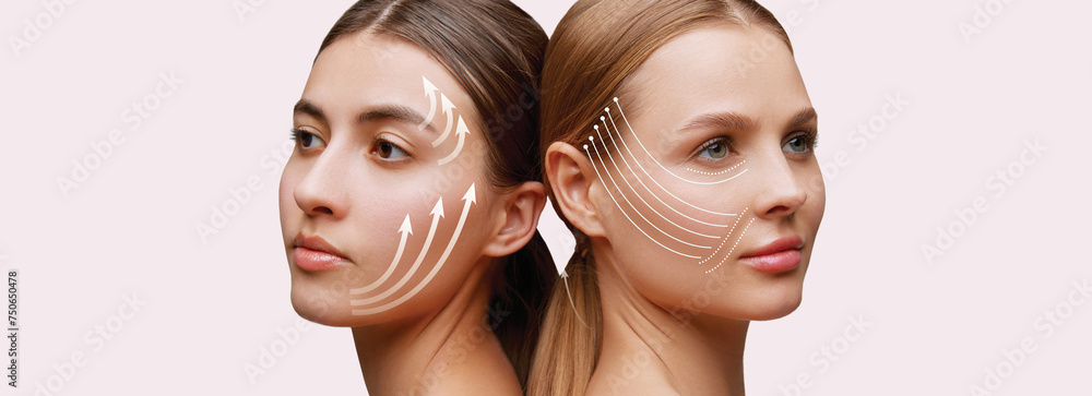 Close-up portrait of two young, beautiful and healthy women with arrows on her face against soft pink background. Concept of beauty procedures, cosmetology treatment, massage, lifting, surgery. Ad Close-up portrait of two young, beautiful and healthy women with arrows on her face against soft pink background. Concept of beauty procedures, cosmetology treatment, massage, lifting, surgery. Ad