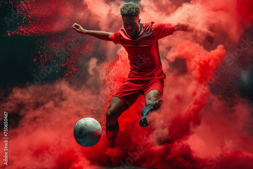 a man kicking a football ball in red smoke © TONSTOCK