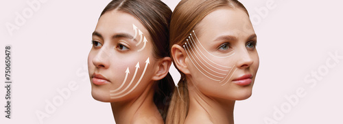 Close-up portrait of two young, beautiful and healthy women with arrows on her face against soft pink background. Concept of beauty procedures, cosmetology treatment, massage, lifting, surgery. Ad