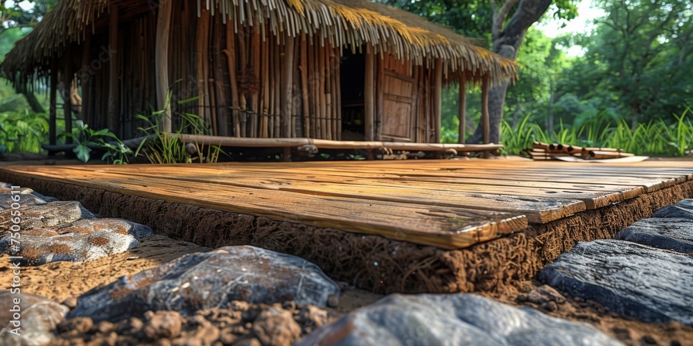 exterior view of wooden floor as foundation on grass hut under construction exterior view of wooden floor as foundation on grass hut under construction