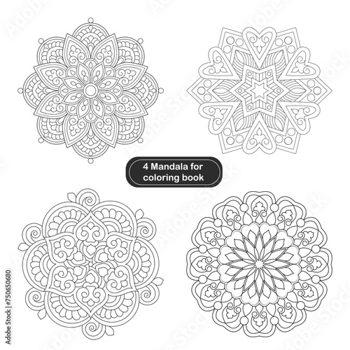 4 Set Peaceful Floral Mandala Design For colouring Book Page
