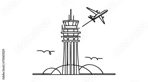 Air traffic control one continuous line illustration. Radar and control tower. Civil aviation safety.