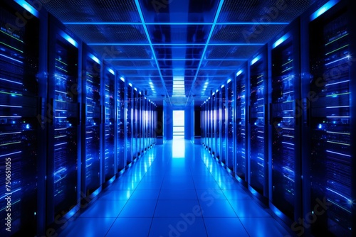 A server room with racks of blue LED lights symbolizing the backbone of cloud computing and data storage solutions