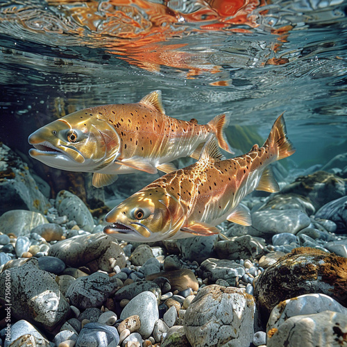 Salmon  Salmo salar  on the migration and swim up a stream in shallow  clear water  ai generiert