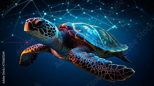 A turtle with a wireframe shell illustrating the connection of marine life and cyber networks