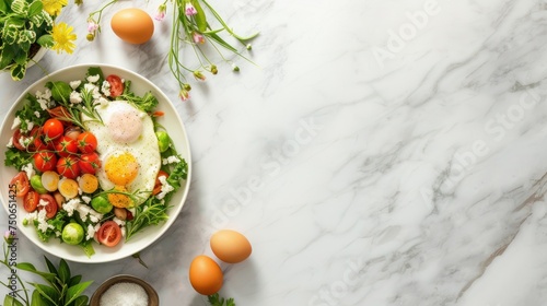 Easter background. Beautiful composition of Easter cake with multi-colored eggs and spring flowers on a delicate background. Spring holidays concept with copy space.