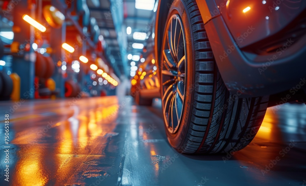 Car service station. Auto service industry. Car wheel on the production line Car service station. Auto service industry. Car wheel on the production line
