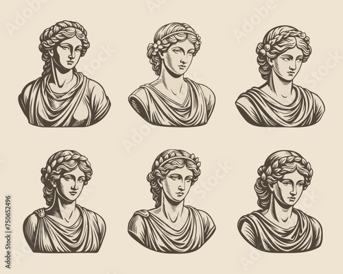 Set of hand drawn heads of antique mythical goddess statues in engraving style. Ancient Greek female sculptures. Vector