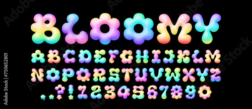 3D gradient Y2K balloon bubble font with inflatable rainbow English alphabet letters and numbers in stylized flower shapes, perfect for Easter, spring, or summer design. Isolated vector illustration