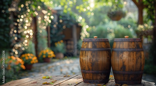 beer barrel wooden container with bokeh light, rustic homemade theme, Generative Ai 