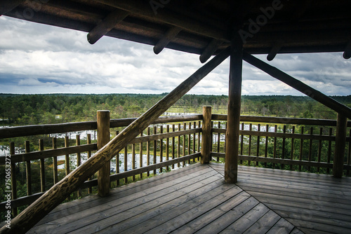 Lahemaa National Park view point. Wooden tower over swamp. Nature observatory. Nature landscape of Estonia. Aerial view of wetland. © Paweł Michałowski