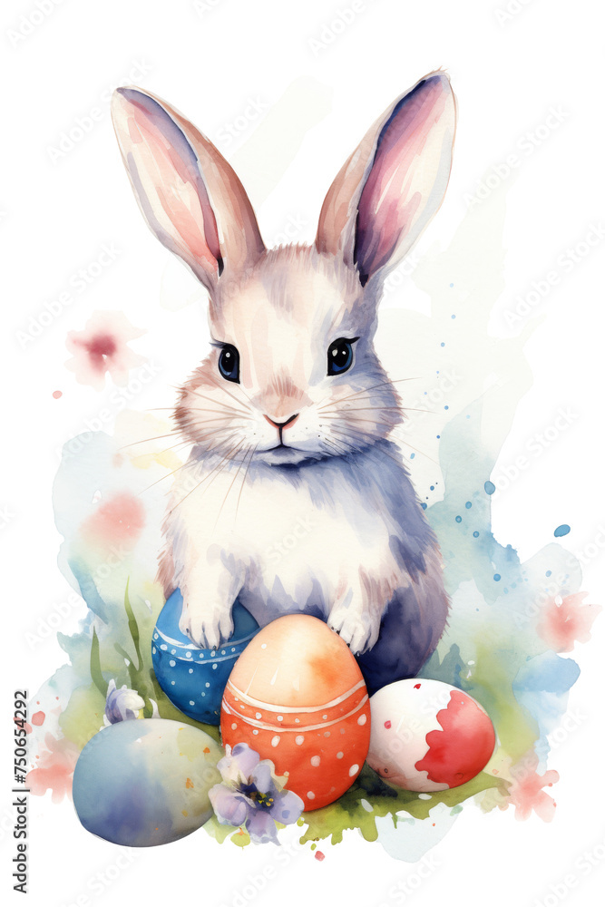 Watercolor illustration of a fluffy brown rabbit with a cute expression, nestled among colorful Easter eggs. Ideal for Easter greetings and spring-themed designs.