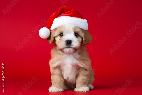 Cute Baby Dog in a Christmas Hat on a Playful Holiday Background © ShadowHero