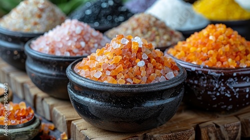 Salts of the world. Gourmet Salts. Colorful salts. Trending food. photo