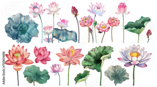 A set of vibrant  detailed illustrations of lotus flowers and leaves  showcasing a variety of colors and stages of bloom. Clipart on transparent background.