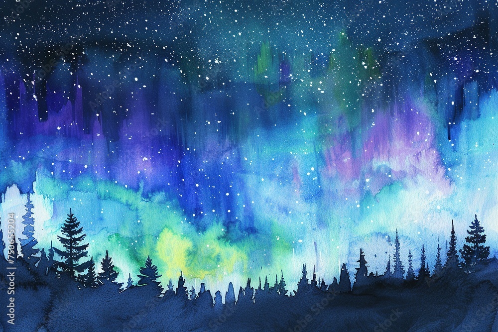Northern Lights water color style,isolate on white,Clip art