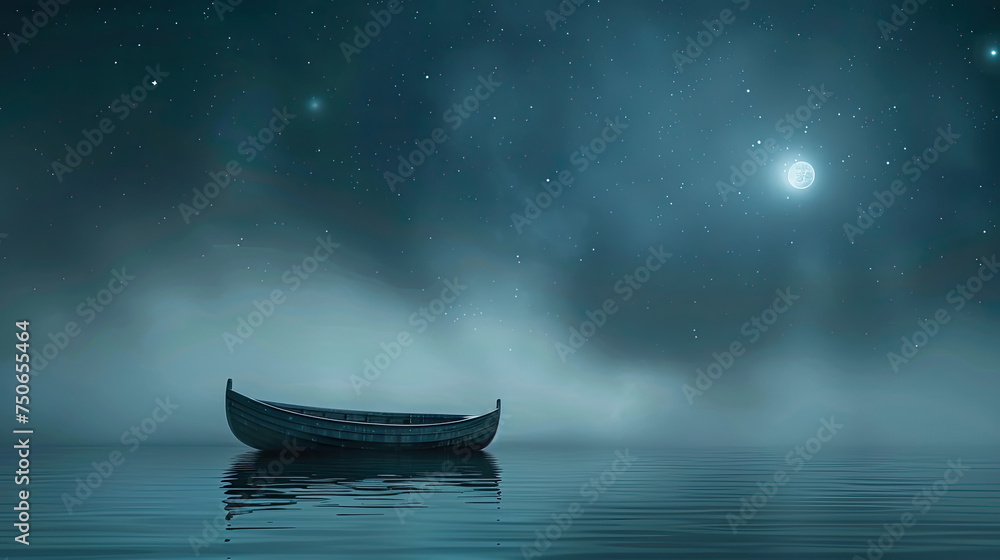 A boat peacefully floats on a body of water under a night sky filled with stars, creating a serene scene