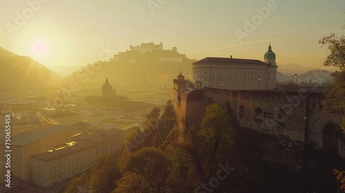 Behold the majestic Freyschloessl Fortress standing proudly against the backdrop of Salzburg's skyline, its ancient stone walls bathed in warm sunlight