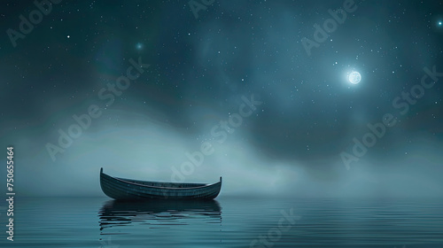 A boat peacefully floats on a body of water under a night sky filled with stars, creating a serene scene