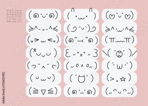 Set with 21 kawaii kaomoji emoticons in smartphone style, Japanese and Asian cute design, editable stroke. Hand drawn vector illustration