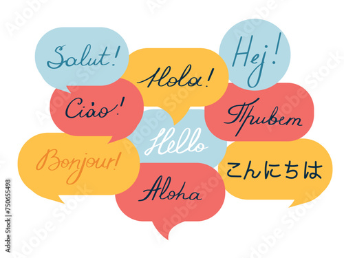 Hand written Hello in different languages on colorful speech bubbles. Isolated on white vector illustration
