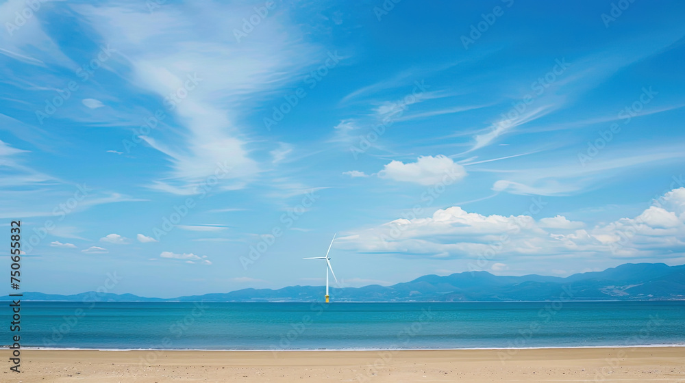 A wind turbine stands tall on a beach, harnessing energy from the ocean breeze. The turbine blade spins steadily, contributing to clean energy production