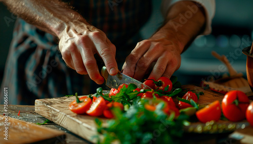 Man cooking salad lettuce leaves tomato vegetablea knife cutting board chef uniform healhy meal food dinner vegetarian vegan