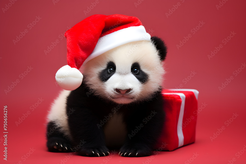 Baby Panda in a Christmas Hat on a Cozy Red Background – Perfect for a Merry Holiday Vibe Baby Panda in a Christmas Hat on a Cozy Red Background – Perfect for a Merry Holiday Vibe