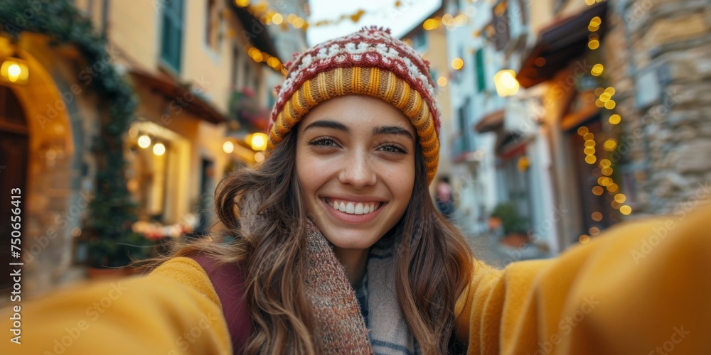 Latin tourist fun taking a selfie in street Latin tourist fun taking a selfie in street